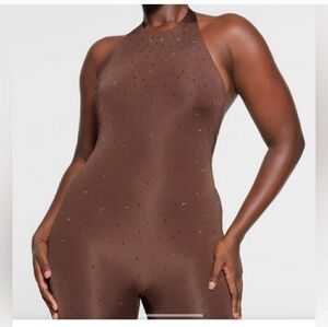 Swarovski x SKIMS Jelly rhinestone one piece halter catsuit Cocoa EUC